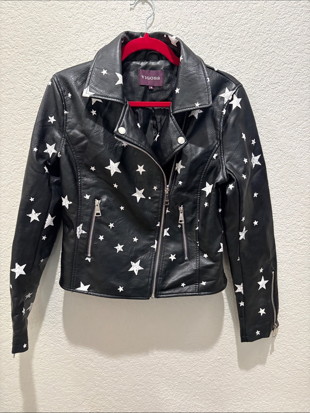 Vigoss Black Faux Leather Star Print Moto Jacket Celestial Distressed Biker